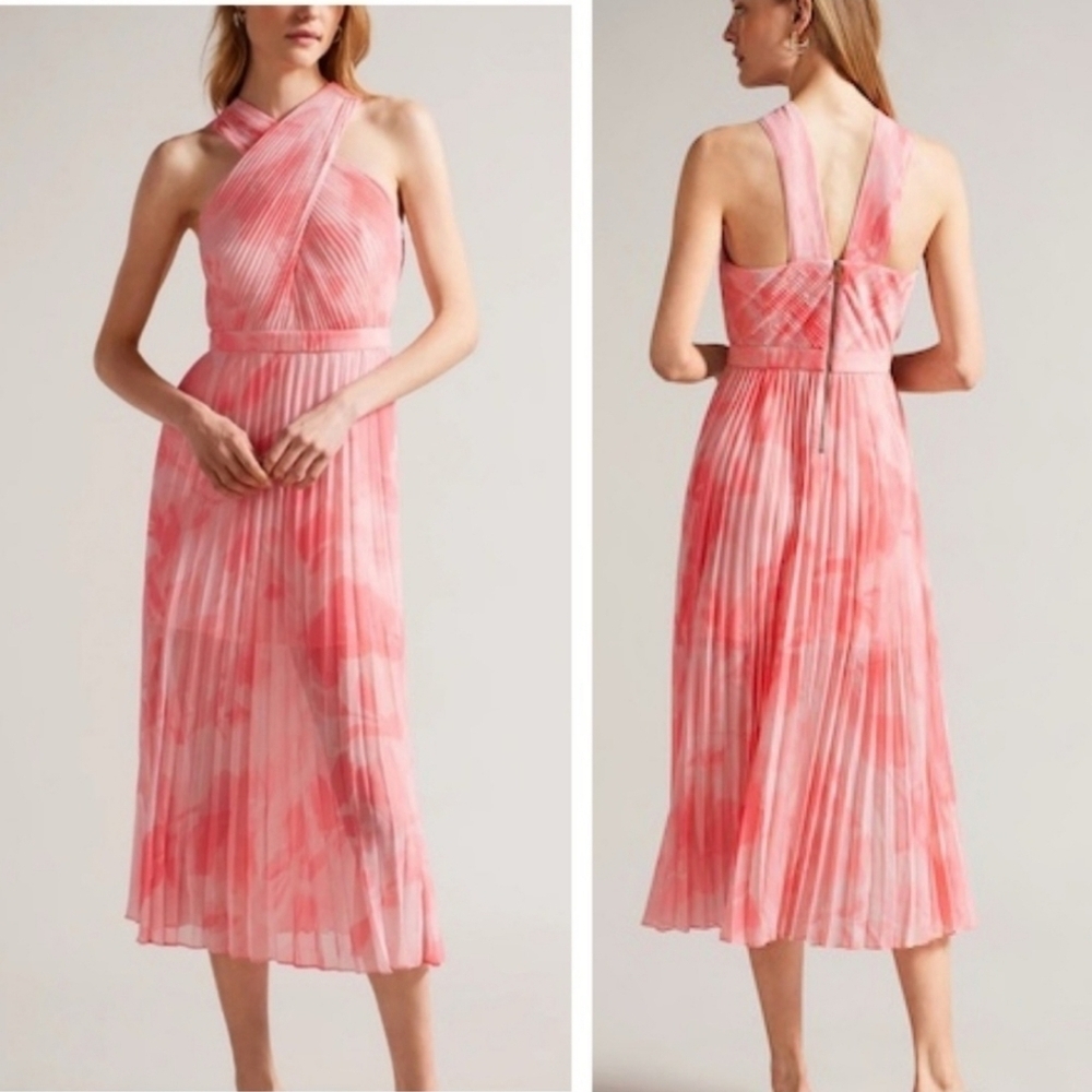 Ted Baker Cross Front Pleated Midi Dress Coral Size XS Wedding Guest Cocktail